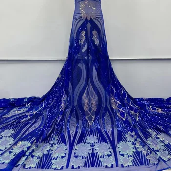 (5yards/vnt) Labai gražus royal blue Afrikos blizgančiais net nėrinių aplikacija prancūzijos nėrinių audinio bling bling šalis suknelė FJY428