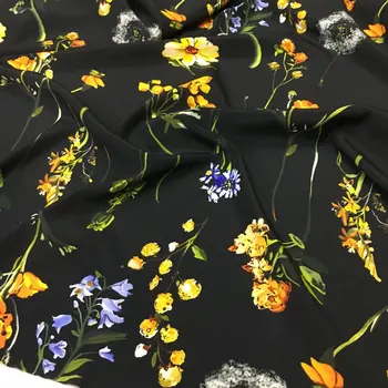 Filialas vynuogių gėlių spausdinti juodas fonas skaitmeninis spausdinimas audinio natūralaus mulberry šilko haute couture audinio suknelė siuvimo