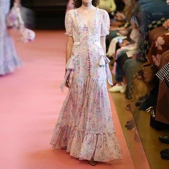 Aukštos Kokybės Kilimo Ir Tūpimo Tako Dizainerių Suknelė Moterims 2022 Ponios Elegantiškas Lankas Raukiniai Gėlių Spausdinti Undinė Ilgas Šalis Suknelė Vasarai
