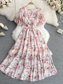 2022 m. Vasarą Elegantiškas Gėlių Suknelė Moterims Seksualus V-kaklo Gėlių Ilgą Šifono Suknelės Ponios Linijos High Waisted Šalis Suknelė Vestidos