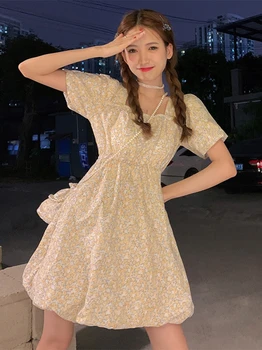 Vasarą Mini Suknelė Moterims Sluoksniuotos Rankovėmis Korėjos Stiliaus Fėja Dress Šifono Japonija Stiliaus Kawaii Elegantiška Vintage Šalis Suknelė
