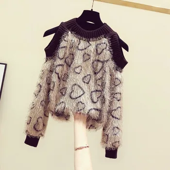 2022 m. Rudens Žiemos Naujas Leopard Print Megztinis Off-Pečių Puloveris Moterų Atsitiktinis Palaidų Megzti Viršų Streetwear Moterims Megztiniai