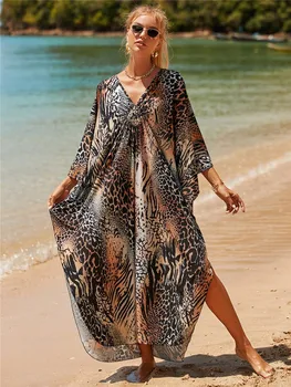 Leopard Beach Caftan Suknelės Padengti Iki Maudymosi Kostiumėlį 2022 Nauja, Moterų Ilgas, Maxi Prarasti V Kaklo Boho Pareos Vasaros Paplūdimio Skraiste De Plage