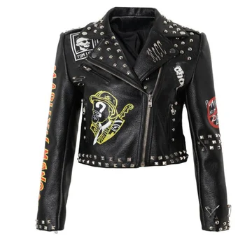 Naujas slim odinė striukė moterų kniedės grafiti pu spausdinti kontrasto spalvų paltai motociklo kostiumas apykaklės drabužius куртка кожаная жеска