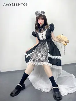 Cosplay Naujas Japonų Klasikinės Cute Lolita Vienodas Suknelė Sunkiosios Pramonės Juoda Nėrinių Trumpomis Rankovėmis Aukštos Juosmens Kambarinės Kostiumas Suknelė