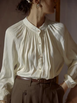 Vientisos Baltos Acetatas Klostuotas Satino Marškinėliai Moterims Prancūzijos Šviesą Stovėti Apykaklės Ilgai Žibintų Rankovės Elegantiškas Viršų Blusa Mujer De Moda 2022