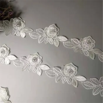 2 metrų White Pearl Gėlių Lapų Rankų darbo Zawalcowany Išsiuvinėti Nėriniai Apdailos Juostelės Aplikacijos Vestuvių Suknelė Siuvimo Amato 