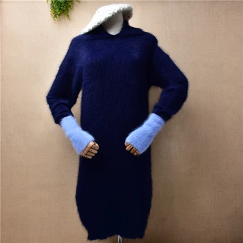 moteriška moteris rudens-žiemos drabužių blue mink kašmyro megztinių turn-žemyn kaklo plonas palaidinė angoros megztinis kailis ilgas megztinis suknelė