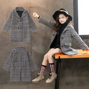Mergaičių paltai 2021 m. rudens ir žiemos korėjos versija, pilkas pledas houndstooth kailis vaikų vilnoniai paltai viena karta