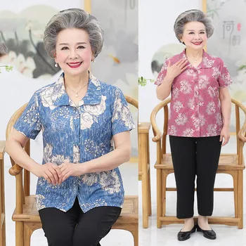 2022 m. amžiaus moterų vasaros trumpas rankovėmis atspausdintas trumpas rankovėmis marškiniai didelio dydžio seni drabužiai močiutė marškinėliai senutės drabužių W438