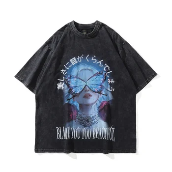 2022 Vyrų Hip-Hop Streetwear Plauti Marškinėliai Japonų Kanji Harajuku T-Shirt Grafikos Medvilnės Prarasti Trumpomis Rankovėmis Marškinėlius Negabaritinių