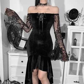 Seksuali juoda suknelė Vintage aksomo-line Lolita Dress estetinės Gotikos aukšto juosmens moterų Klubo Šalis Suknelė