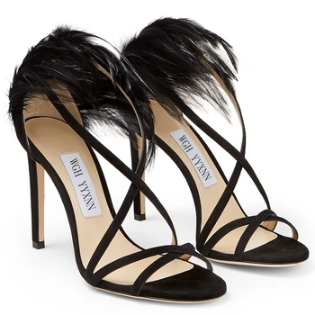 Pavasario ir vasaros naujų plunksnų stiletto sexy black suede vienas žodis diržo sandalai pokylių suknelė visas rungtynes, didelio dydžio moteriški batai