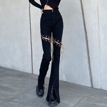 Gotikos Mergina Gatvės Mados Kietas Tuščiaviduriai Iš Tvarstis Micro Ragų Plonas Džinsai Moterims, 2021 M. Rudenį Naujų Vintage Stiliaus Drabužių Goth Kelnės