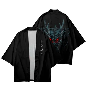 Kimono Streetwear Dragon Spausdinti Japonų Megztinis Moterims, Vyrams Yukata Harajuku Juoda Skraiste Cosplay Haori Marškinėliai Tradiciniai Rūbai
