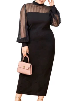 Plus Size Ilgos Suknelės Moterų Tinklinio Kratinys Žibintų Rankovėmis Chalatas, 2022 Mados Naujų Seksualus, Elegantiškas Office Lady Tiesiai Suknelė Vestido