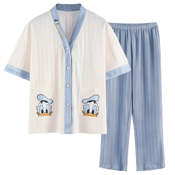 Disney Mielas Kawaii ančiukas Donaldas Medvilnės Pižama Nustatyti Moterų Japonų Kimono Viršų ir Vien Kelnės Atsitiktinis Moterų Pižama Nemokamas Pristatymas