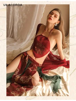Kinų Stiliaus Malonės Lingerie Sexy Bellyband Viršuje Stebėjimo Backless Pagundai Ritininės Pižama Moterų Karšto Retro Senovės Vienodas 3-Vnt