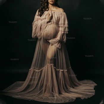 Motinystės Suknelės Chalatai Fotografijos Vien Chalatas, Reljefiniai Purus Tiulio Motinystės Kambariniai Chalatai Nėštumo fotosesiją Suknelės