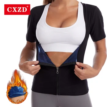 CXZD 2021 Karšto Svorio Riebalų Deginimas Zip T-Marškinėliai, Treniruotės Moterims Shaper Prakaito Sauna jonų danga, trumpomis rankovėmis Kontrolės Pilvą