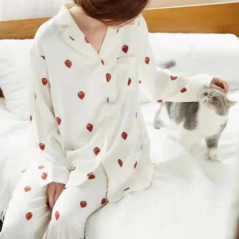2022 Moterų Miego Japonijos Mielas Braškių Spausdinti Minkštas Komfortas Pižama rinkiniai Atvartas ilgomis Rankovėmis, Kelnes Atsitiktinis Namų Drabužiai