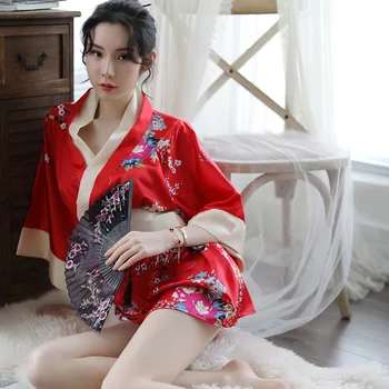 Japonų Kimono Moterų Pagundai Sexy Lytis Apatiniai Moterų Mielas, Žaismingas, Vaidmuo Žaisti Spausdinti Lankas Erotika, Pagunda
