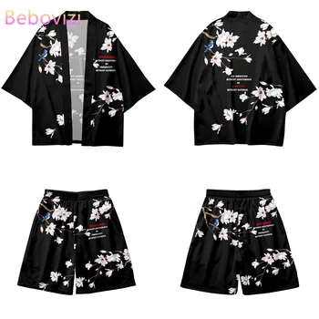 Japonijos Gėlių Spausdinti Cardigan Harajuku Cosplay Kimono Šortai Rinkiniai Yukata Azijos Drabužiai, Marškinėliai Moterims Vyrai Haori-Dviejų dalių kostiumėlį