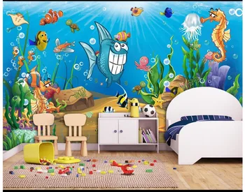 3D sienų freskomis tapetai užsakymą nuotrauką freskos Gražių animacinių filmų freskos povandeninio pasaulio vaikų kambarys, TV foną, sienos, namų dekoro