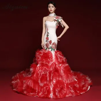Mados Derliaus Rodyti Cheongsam Modernus Raudonas Ilgų Uodegų Slim Qi Pao Moterų Tradicinės Kinų Suknelė Priimančiosios Vakare Gown Qipao