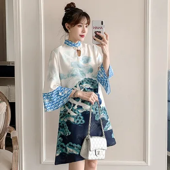 Baltos Spalvos Rašalo Spausdinimo Qipao WomenVintage Elegantiškas Vasarą 2022 Nacionalinės Stiliaus Šiuolaikinės Kinų Suknelė Mados Prarasti Cheongsam V2623