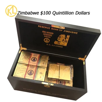 didmeninė 1-10 vnt dėžės Šimtas Trilijonų/Quintillion Zimbabvės Dolerių Aukso Banknotą su UV šviesos medinėje dėžutėje