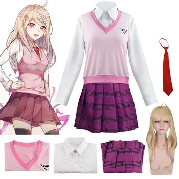 Anime Danganronpa V3 Cosplay Akamatsu kaede JK kostiumas mergaitėms vienodus Marškinius / Vest / Klostuotas sijonas / kojines/Perukas Moksleivė vienodas