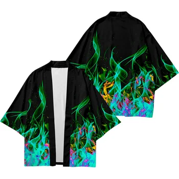 Moterų, Vyrų, Marškinėliai, Topai Vasaros Paplūdimio Yukata Mados Kietas Kimonos Cardigan Japonijos Cosplay Kostiumų Haori 3D Liepsna Kimono
